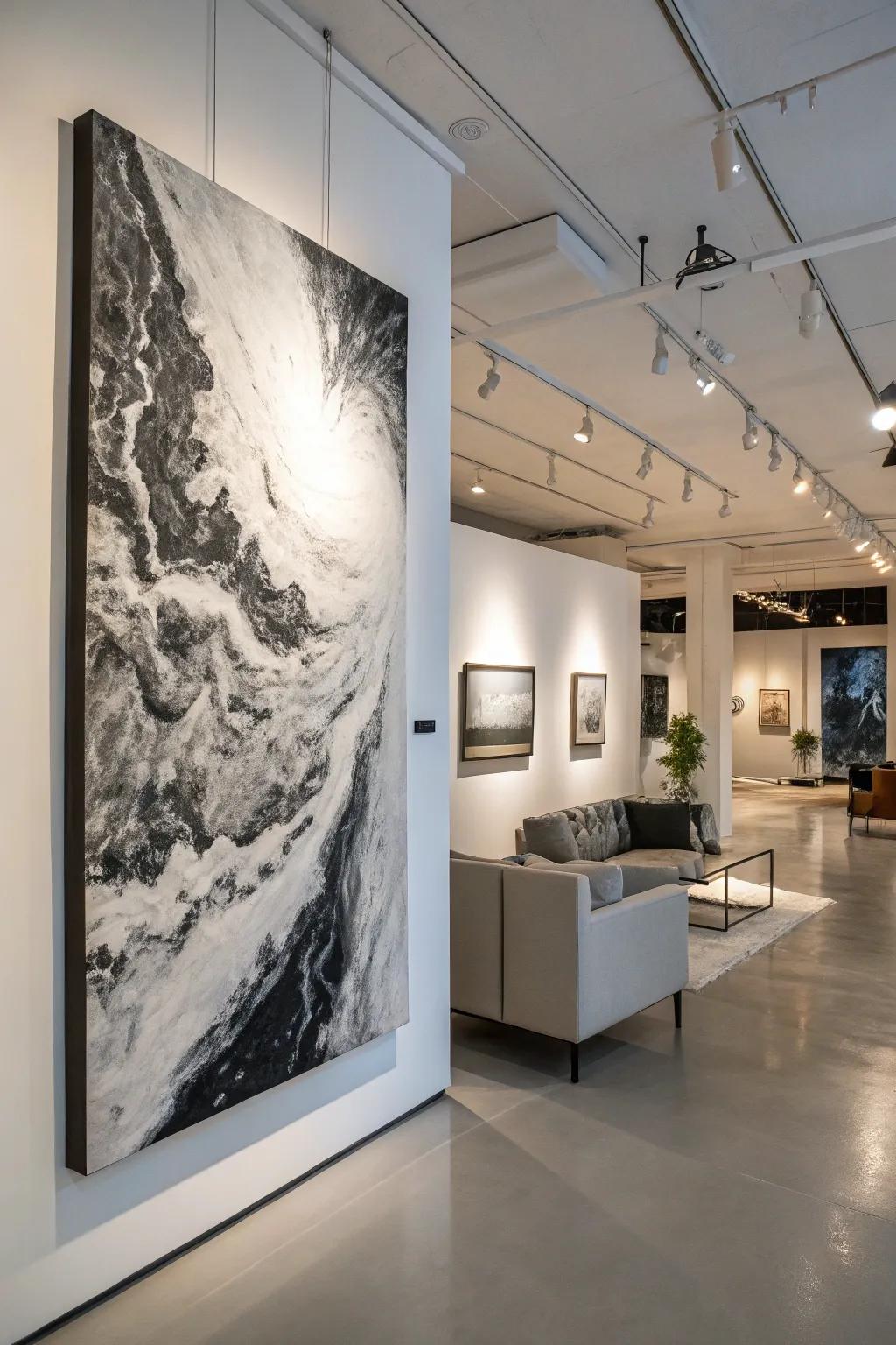 Intriguing abstract shapes in a black and white painting.