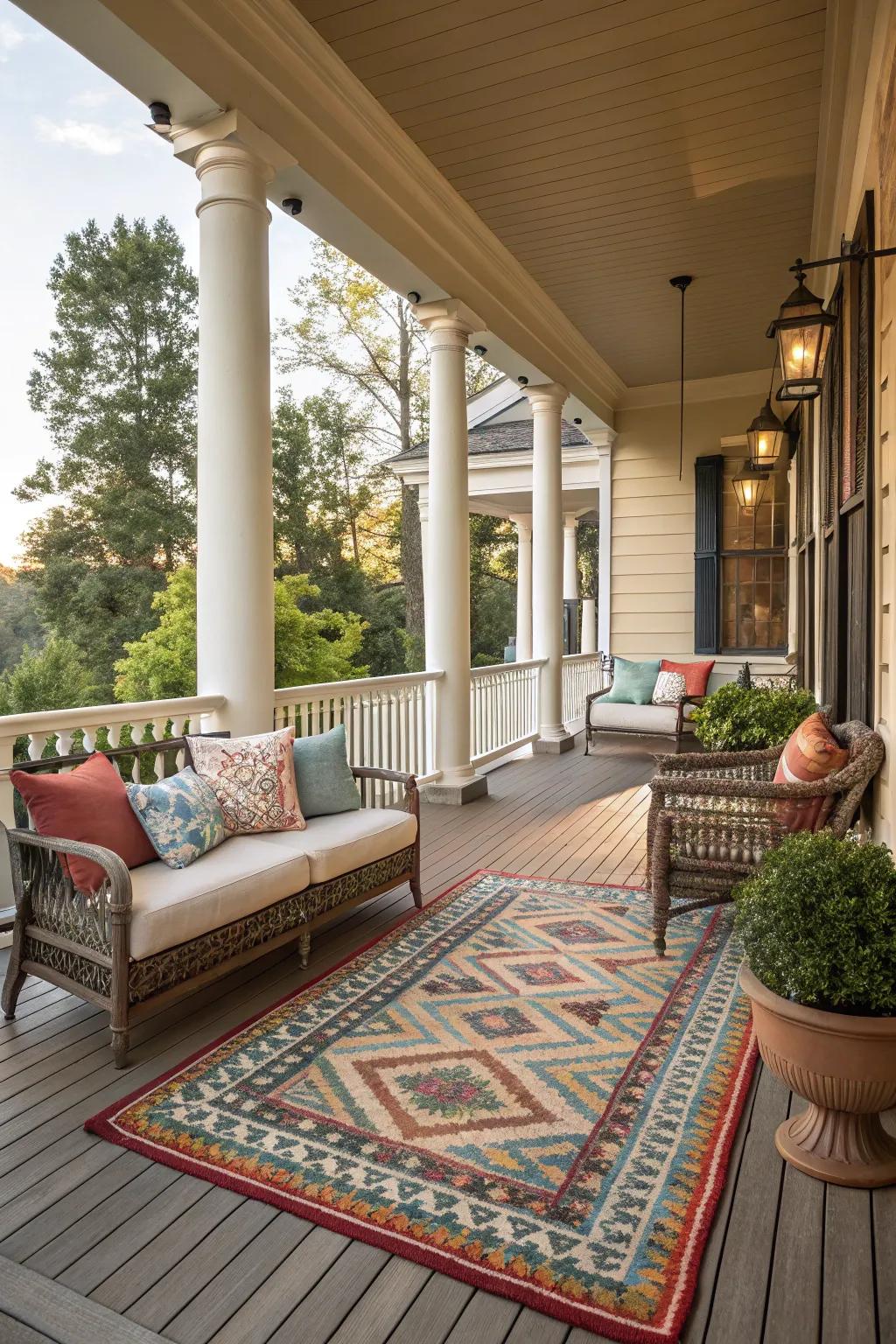 Stylish outdoor rug defines and adds comfort to the space.