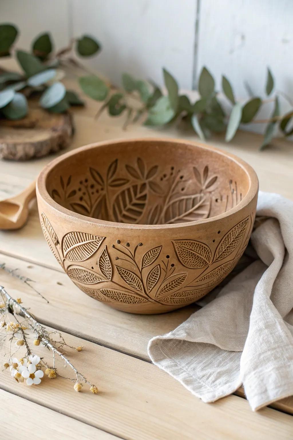 Embrace nature's elegance with this artisanal clay bowl, where simplicity meets botanical beauty.