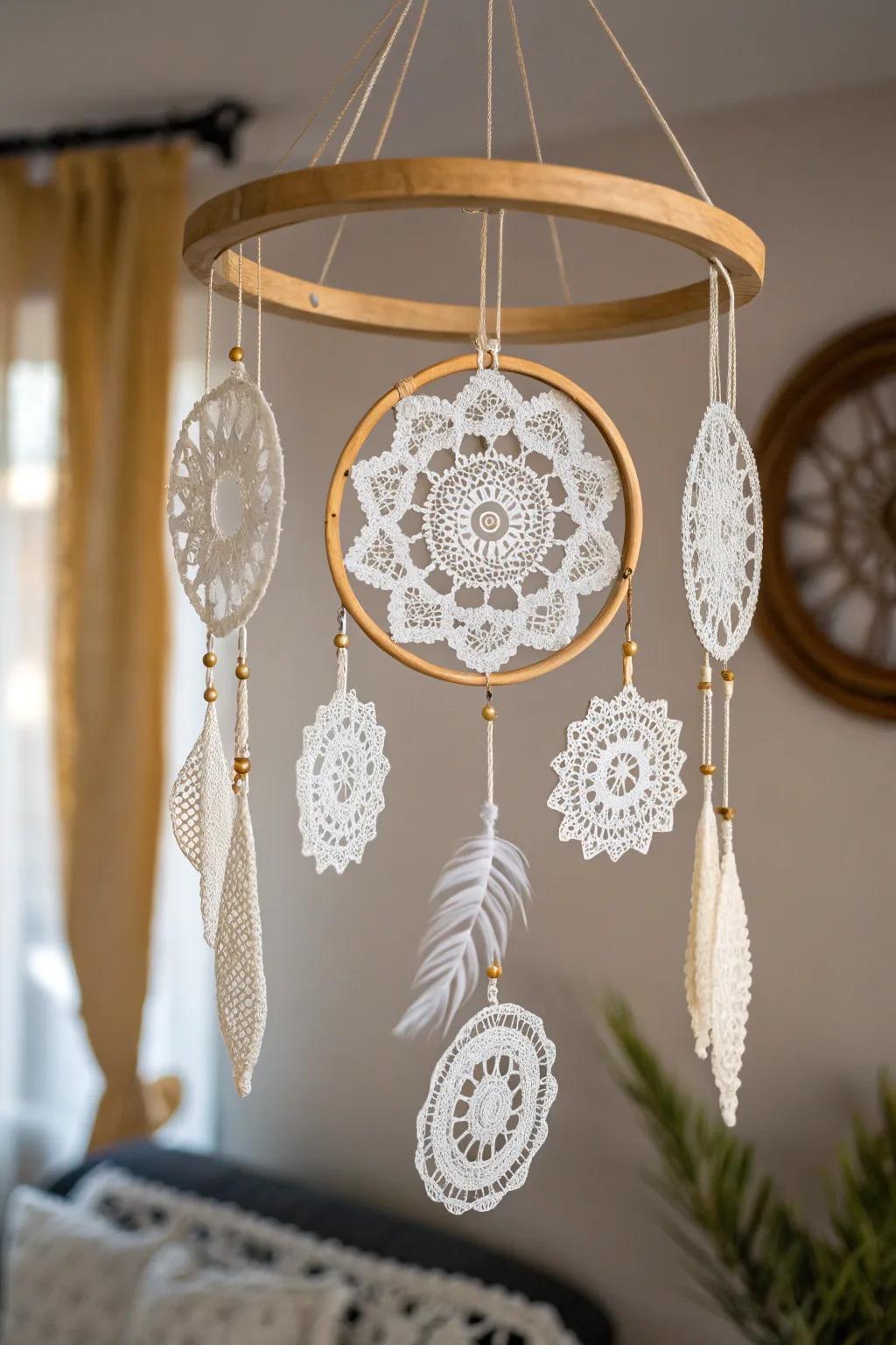 Elevate your space with the ethereal charm of a doily mobile, blending simplicity and artistry for a touch of serenity.