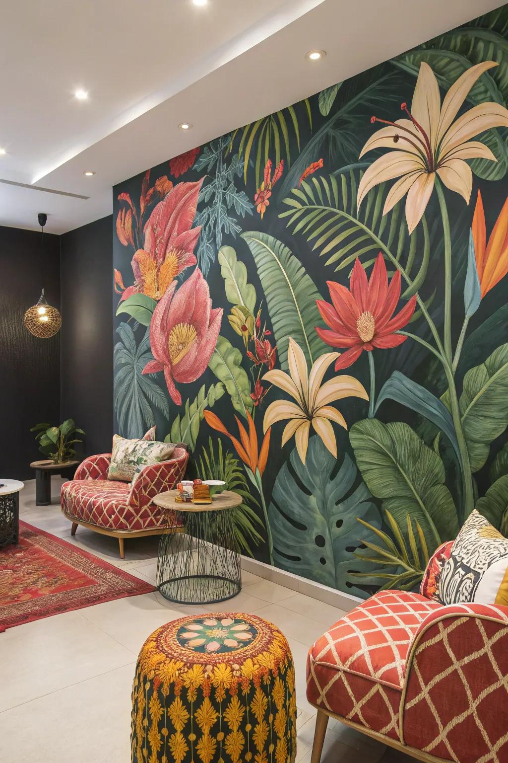 An exotic jungle flower mural brings bold adventure to any space.