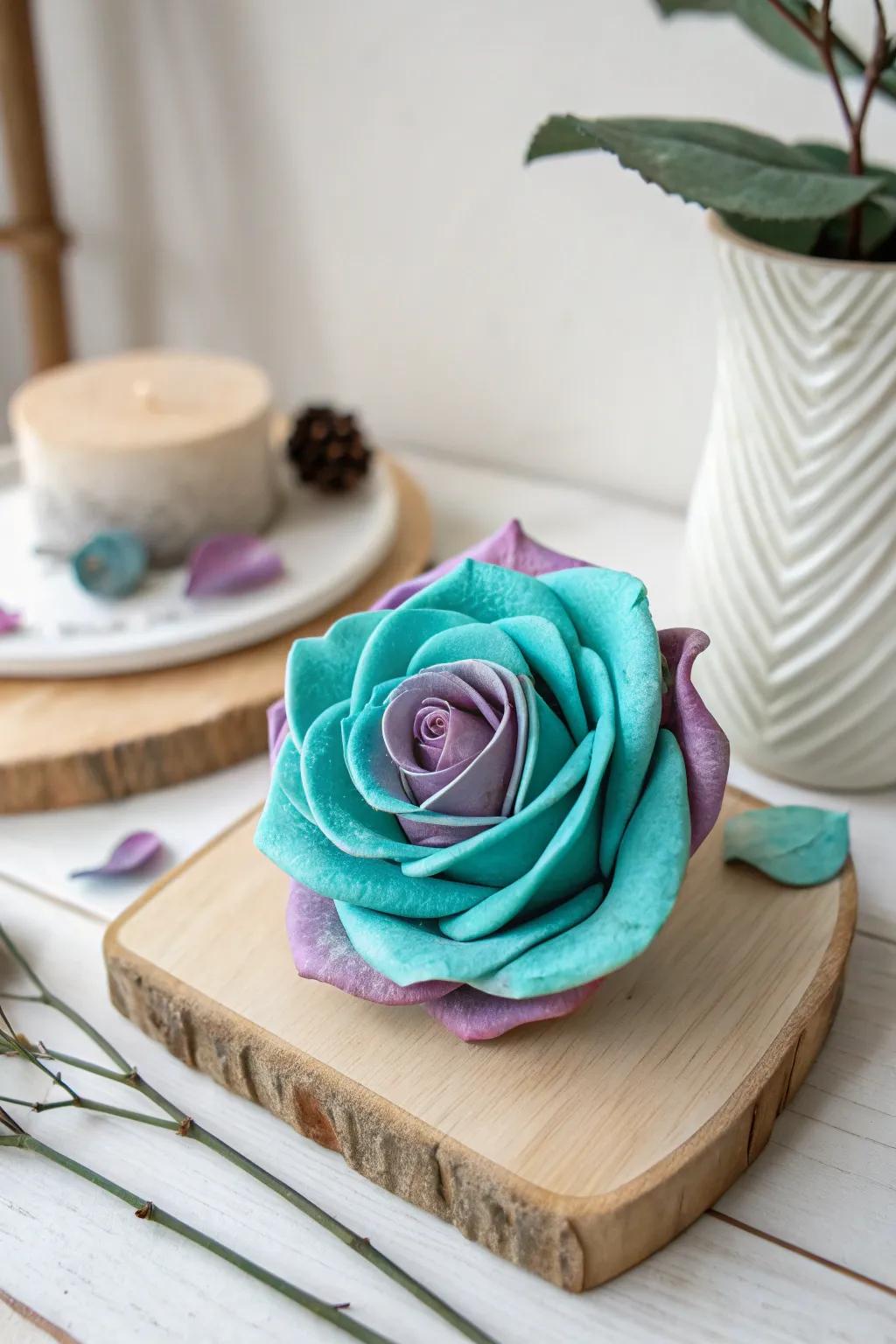 Crafted Elegance: A Teal and Lavender Clay Rose That Adds a Touch of Artistic Flair to Your Space.