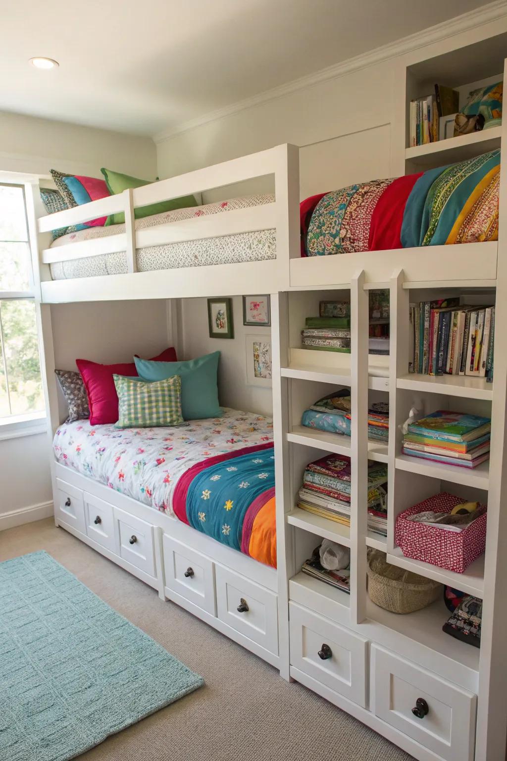 Quad bunk beds featuring clever storage solutions, perfect for keeping the room organized.