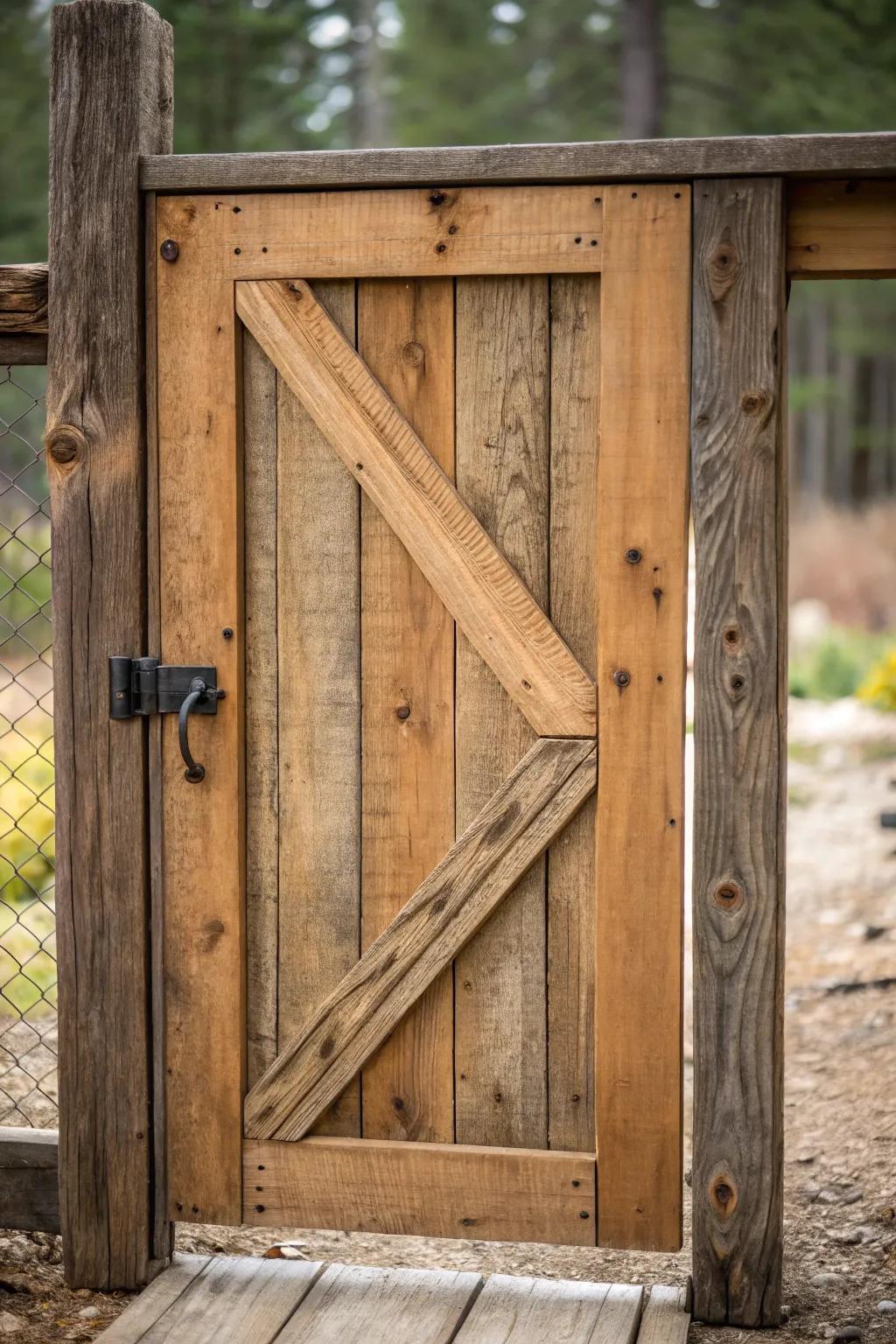 A door with stories to tell: Crafted from reclaimed barn wood, this chicken run door blends durability with rustic charm.
