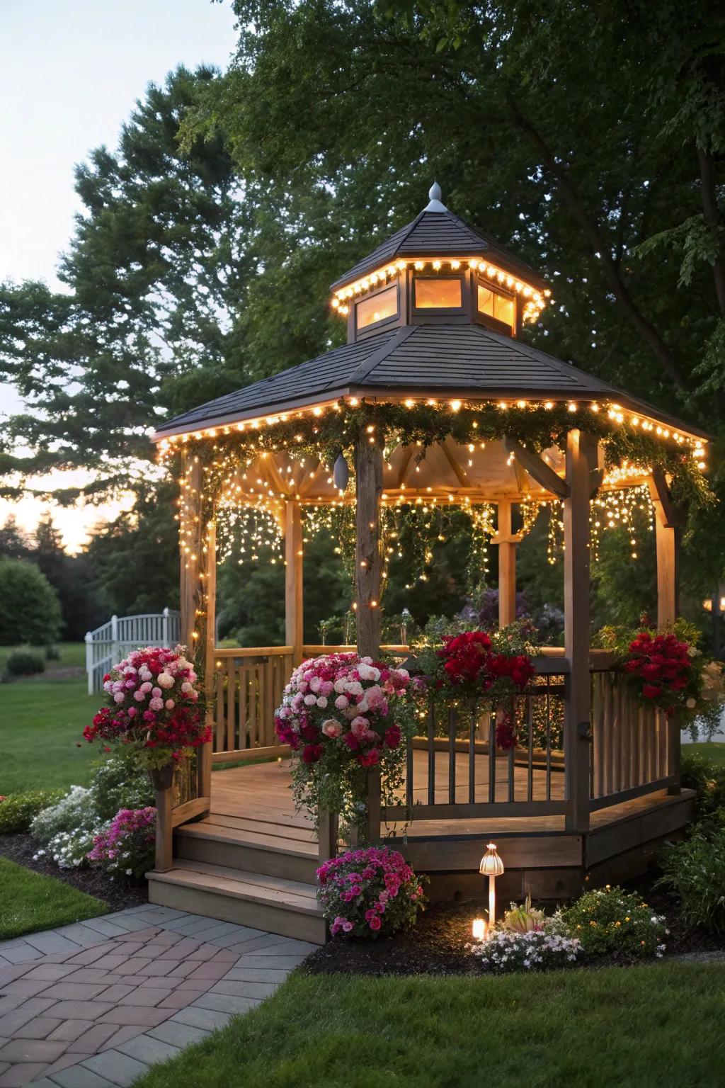 A romantic gazebo setup in a backyard, perfect for a proposal.