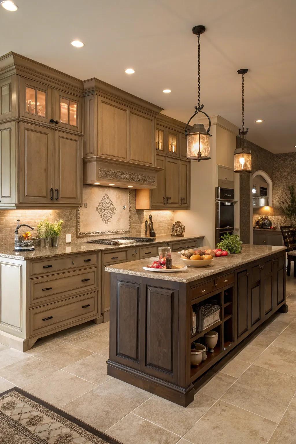Natural wood elements complement dark beige cabinets.
