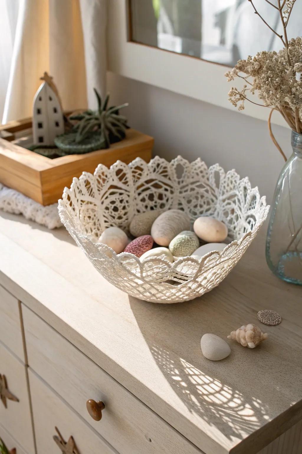 Transform a simple doily into a stunning centerpiece with this elegant craft idea.