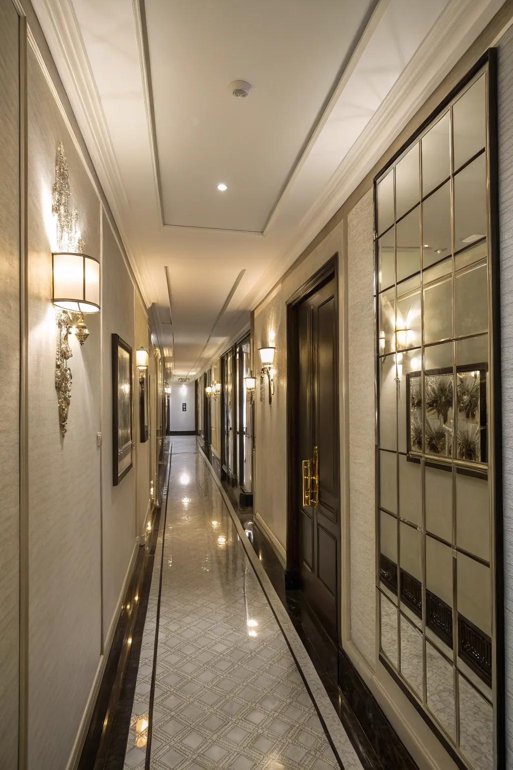 Mirrored panels create an illusion of space and light in this narrow hallway.