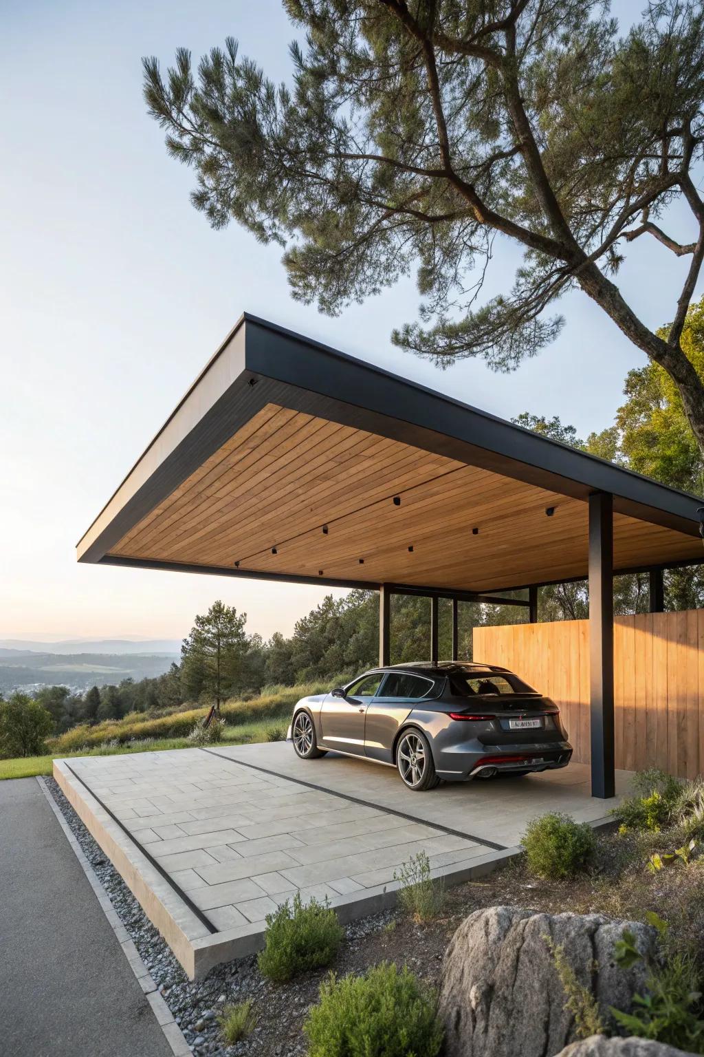 Architectural intrigue with a cantilevered wood carport.
