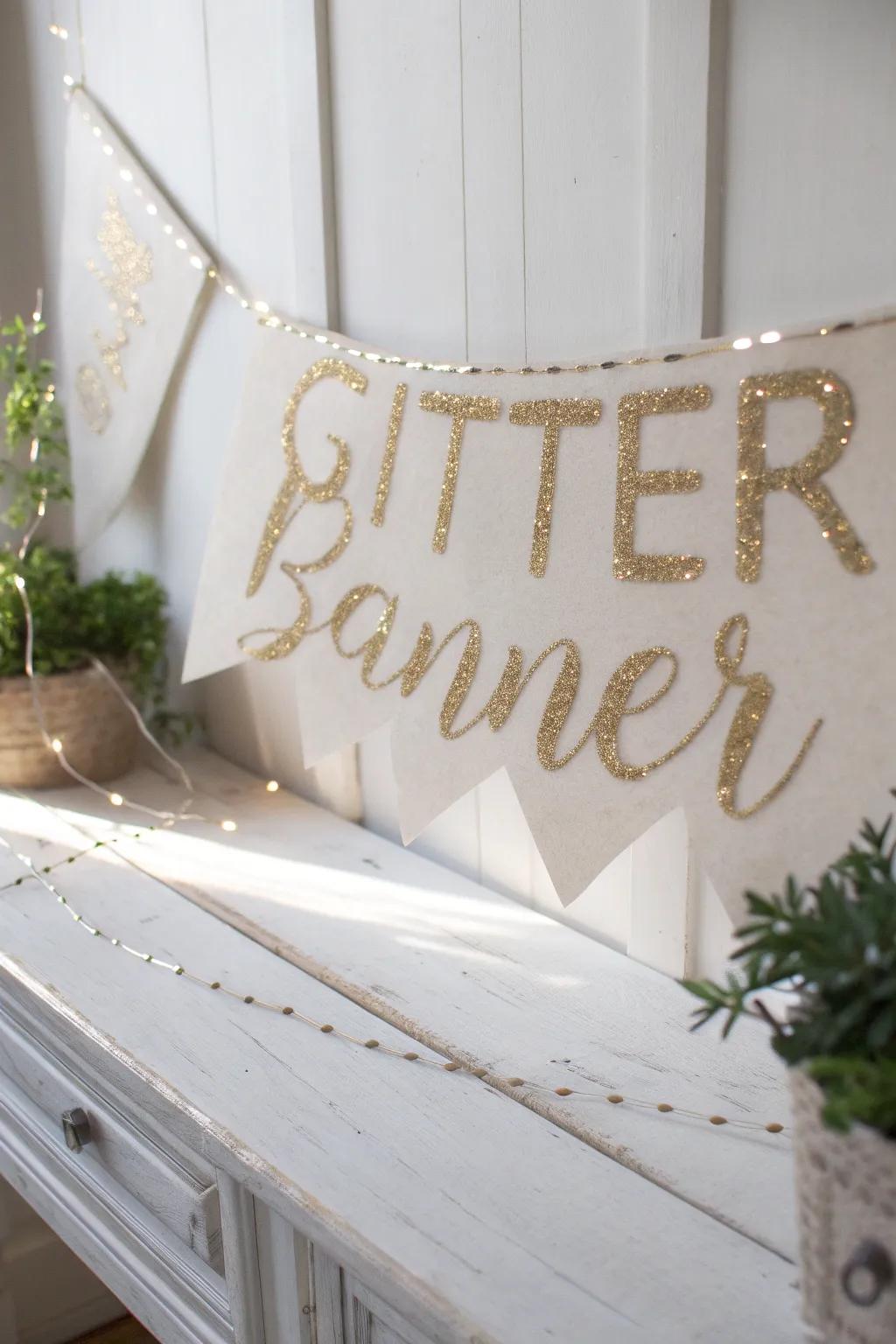Add a touch of sparkle with this charming glitter banner, perfect for any festive occasion.