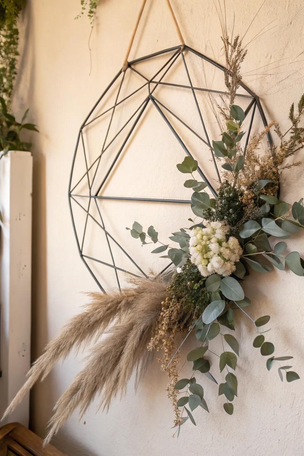 Elevate your decor with this modern geometric metal wreath, a perfect blend of simplicity and style.