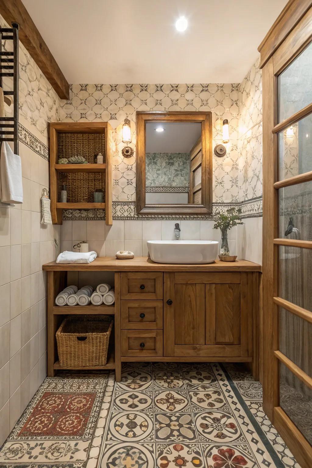 A bathroom that beautifully mixes vintage tiles with wooden accents for a warm, inviting space.