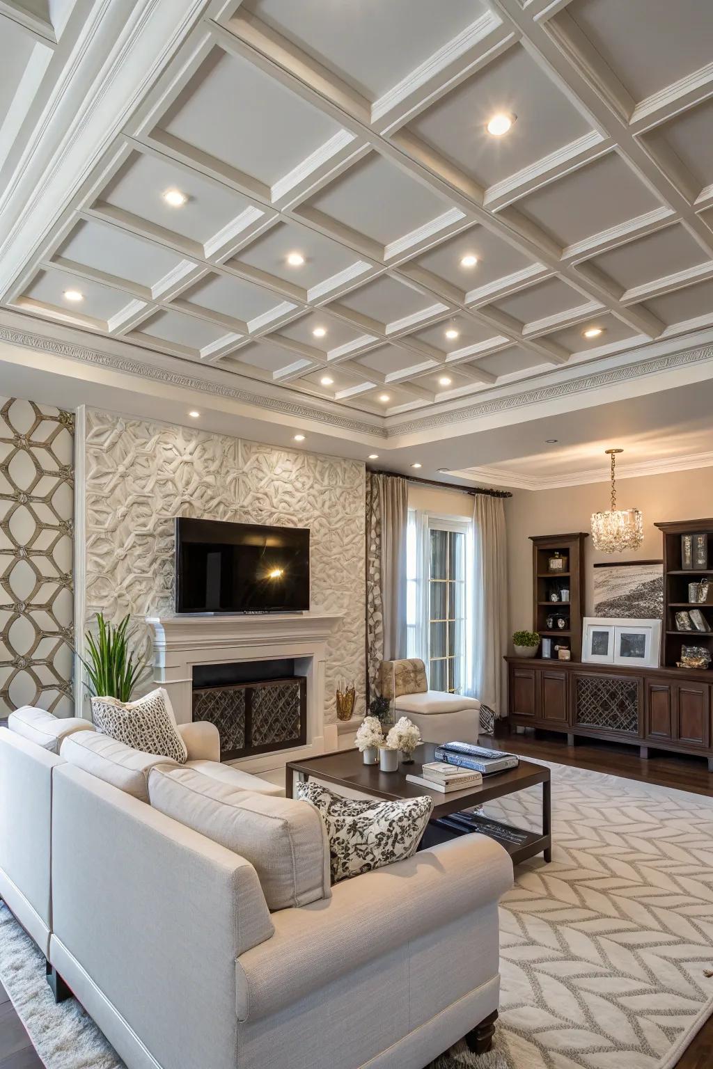 Geometric patterns give coffered ceilings a modern twist.