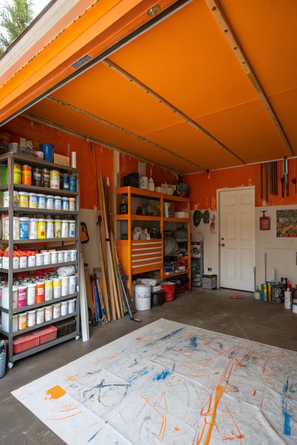 A vibrant orange ceiling adds energy and creativity.
