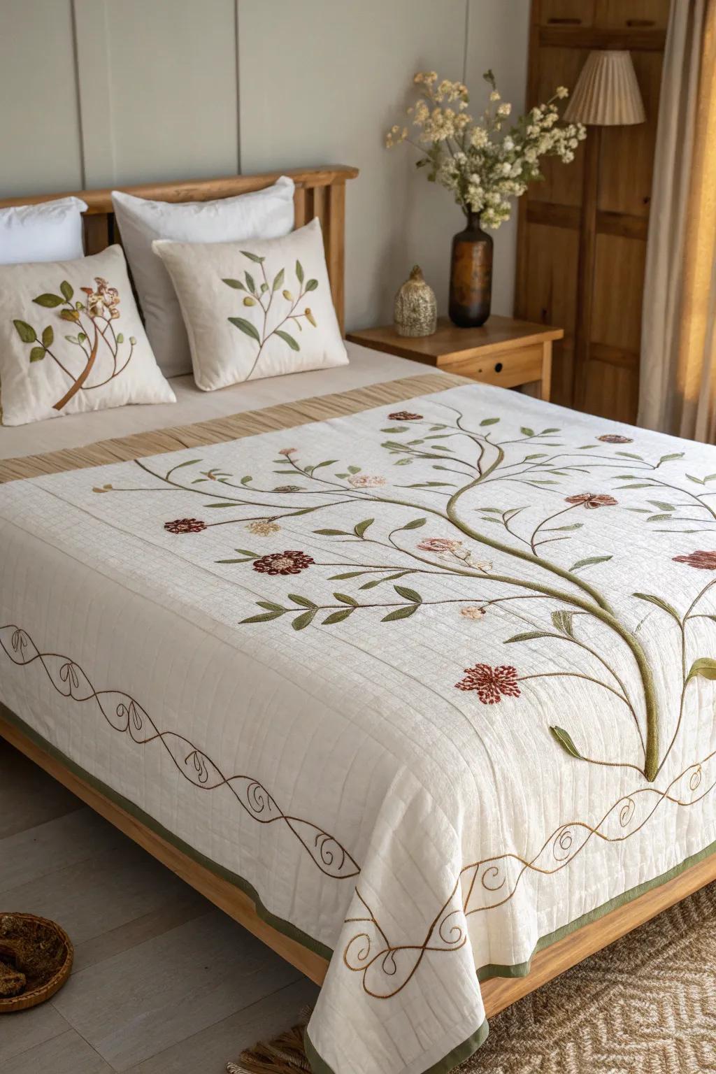 Transform your bedroom into a botanical retreat with exquisite embroidered bedspreads.