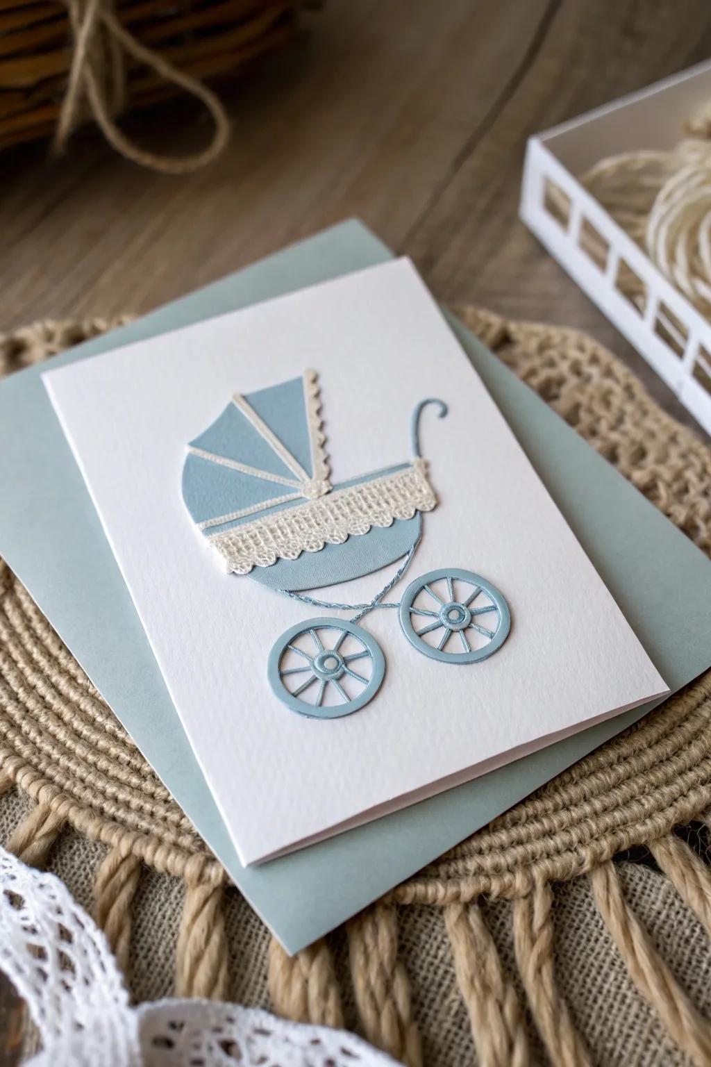 Crafted with love: A minimalist stroller silhouette card for a baby boy, embracing Scandinavian elegance.