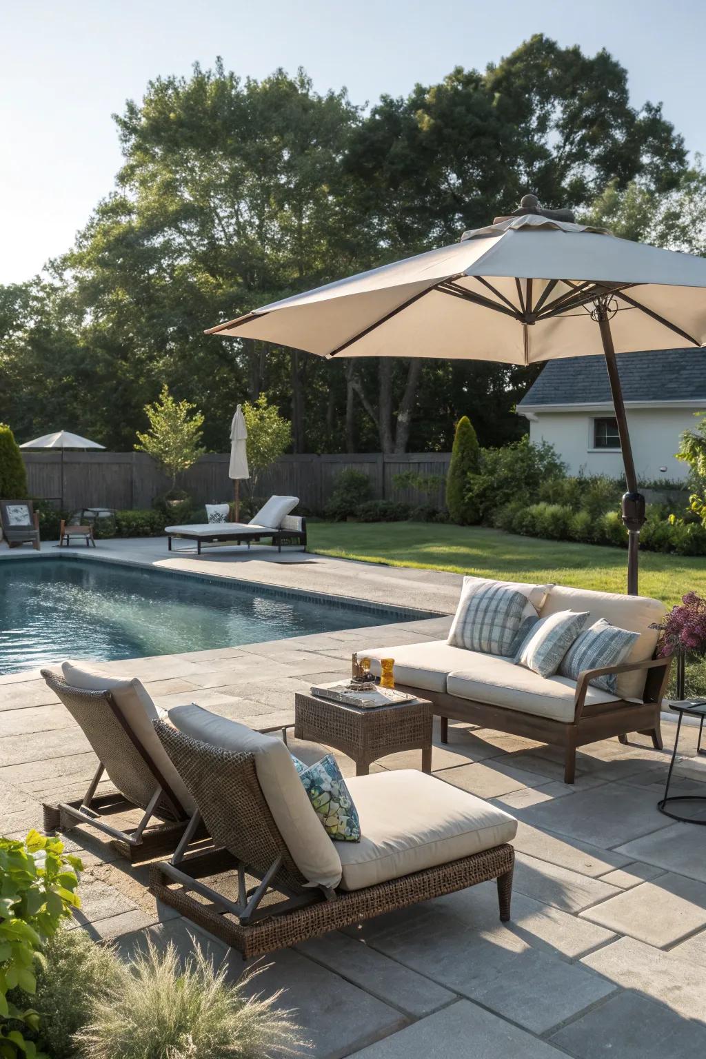 Comfortable outdoor furniture makes this poolside a relaxing retreat.