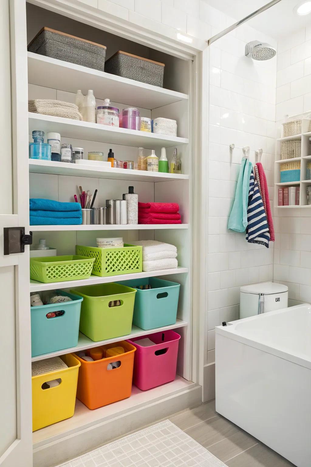 Creative storage solutions keep the bathroom neat and colorful.