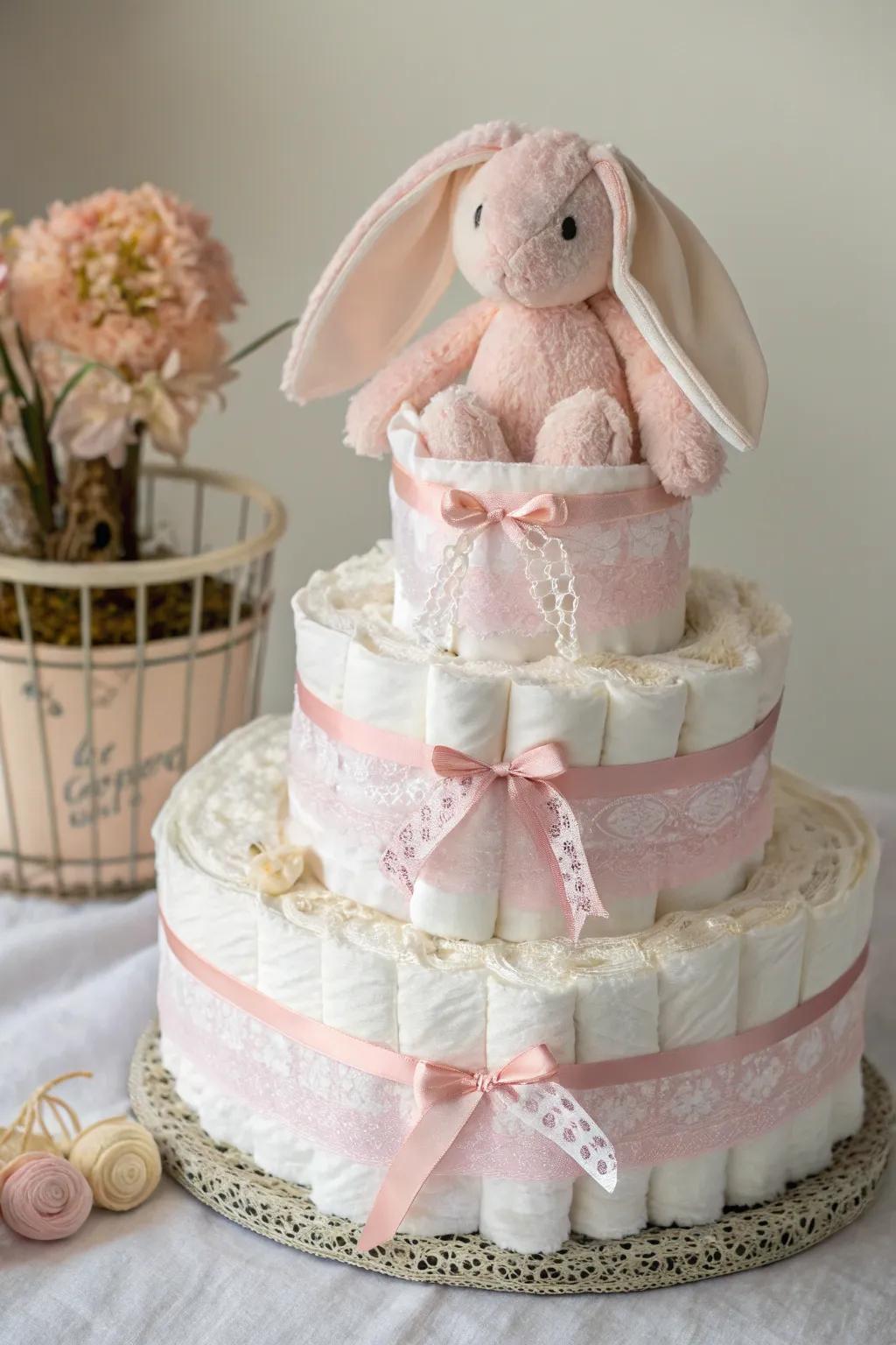 Add a touch of charm with a plush bunny companion atop your princess diaper cake.