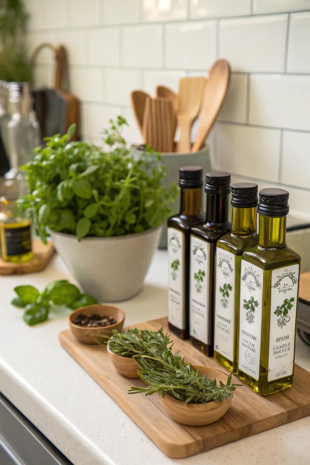 Mini olive oil bottles for a gourmet touch.