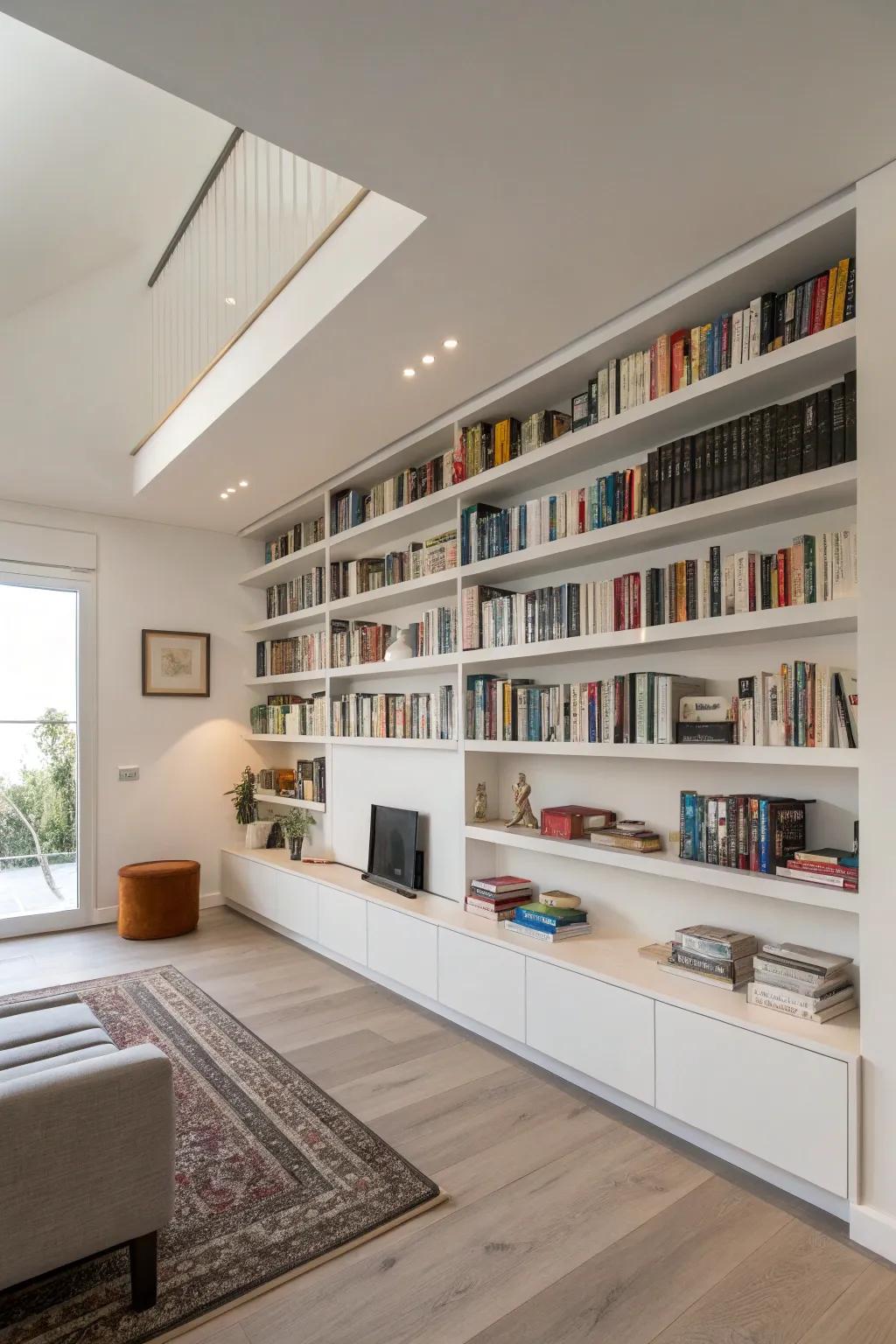 Floating shelves provide a modern, space-saving solution.