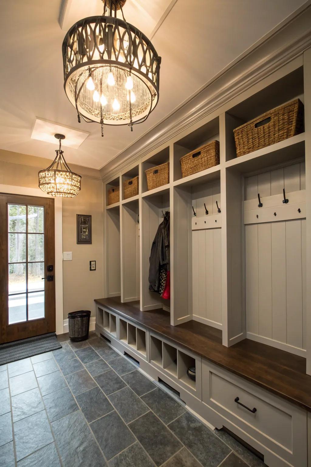 A statement light fixture adds elegance to the mudroom.