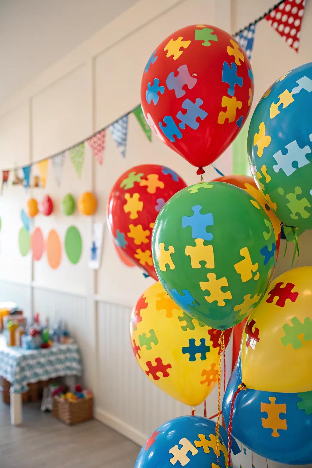 Puzzle piece balloons bring a playful and colorful touch to the decorations.