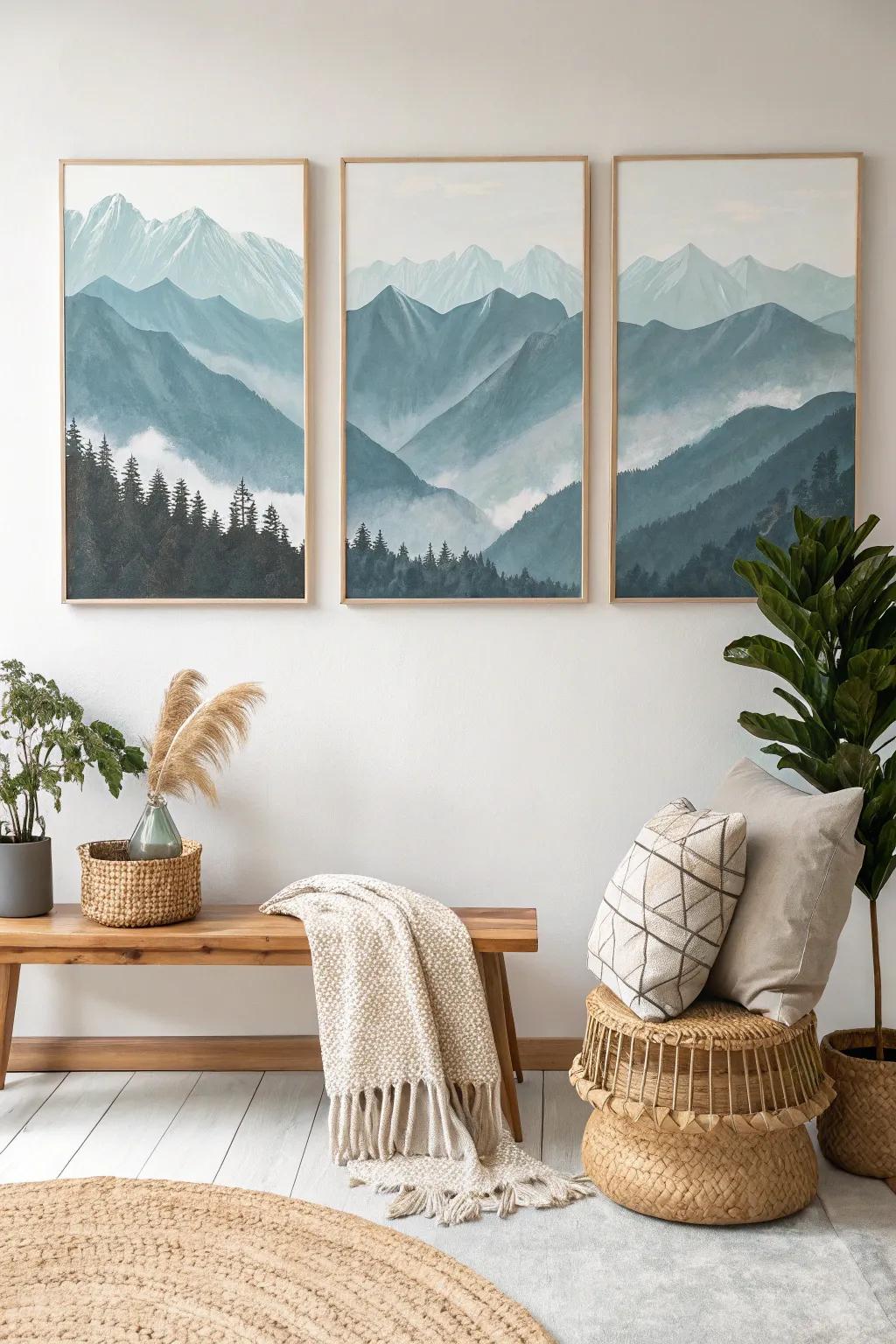 Embrace the serenity of majestic mountain ranges with minimalist artistry.