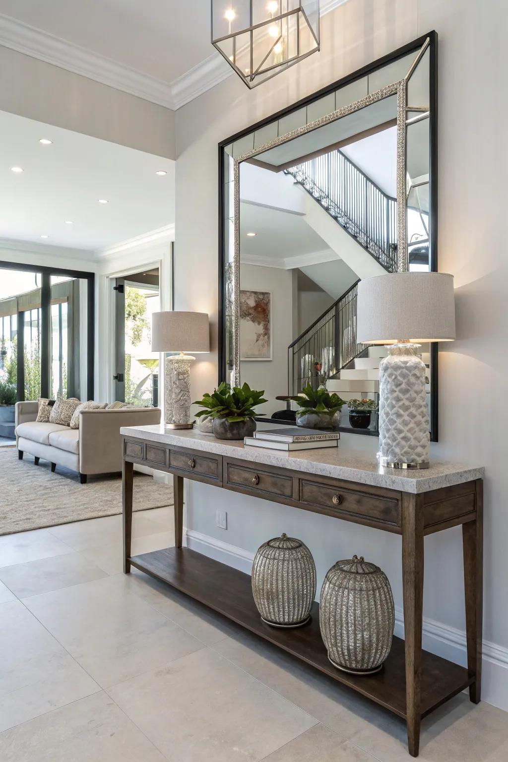 A strategically placed mirror above the entry table enhances light and space.