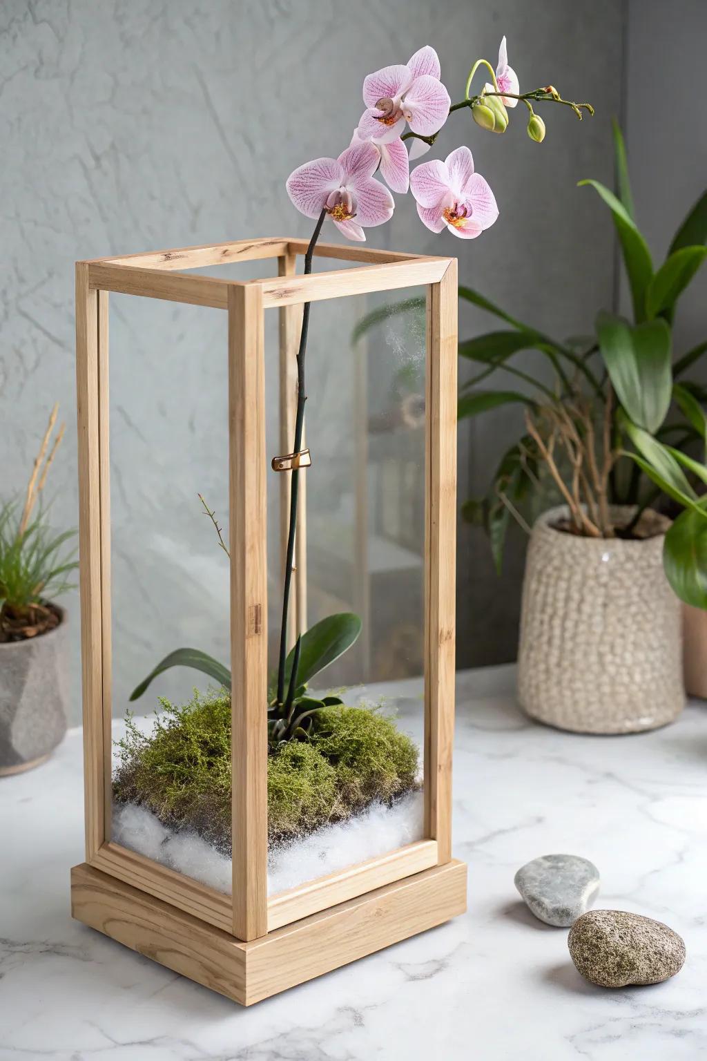 Embrace simplicity with this open-air orchid terrarium, where nature and design meet in perfect harmony.