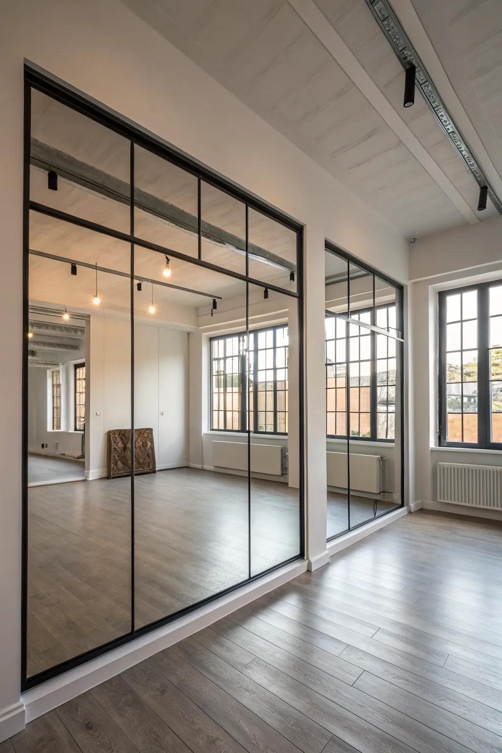 Mirror doors amplify light and space, perfect for compact lofts.