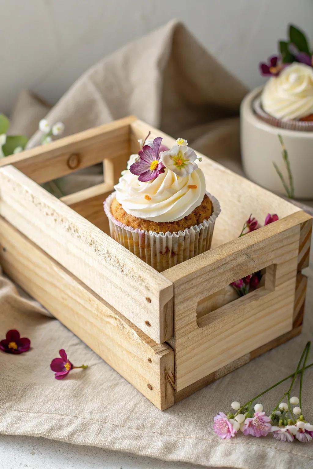 Charming simplicity meets rustic elegance: Delight your guests with handmade cupcake gifts in mini wooden crates.