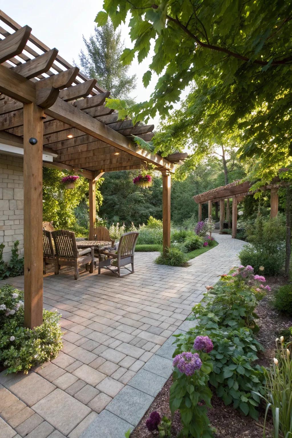 A stylish pergola over a paver patio, offering shade and sophistication.