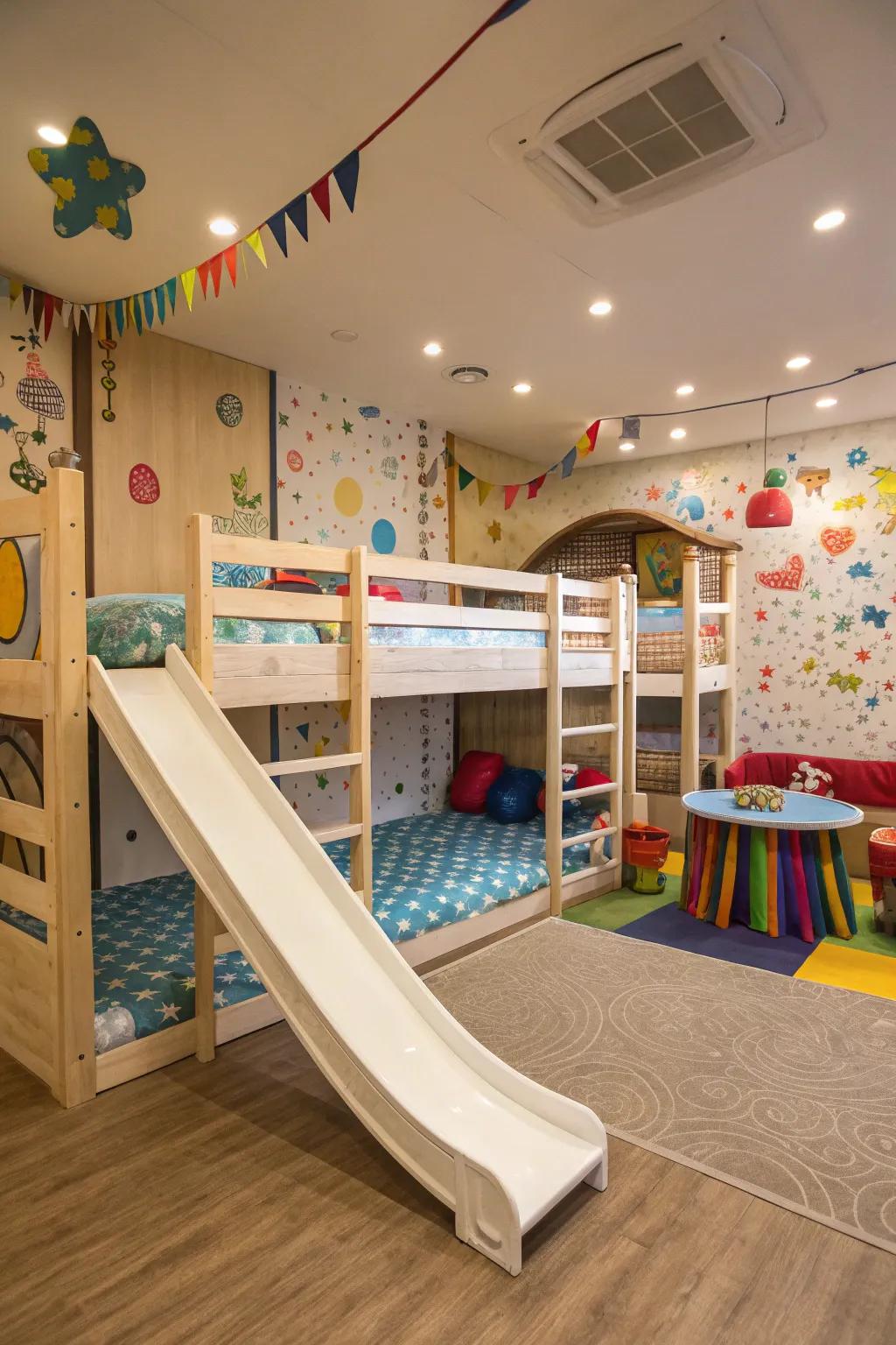 Quad bunk beds featuring a slide, bringing fun and excitement to children's bedrooms.