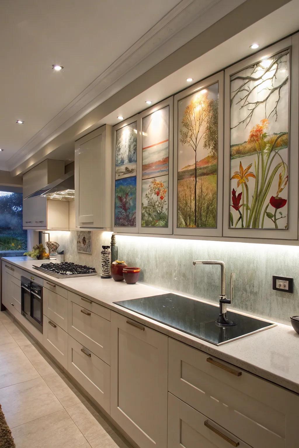An artistic glass panel feature wall in a kitchen.