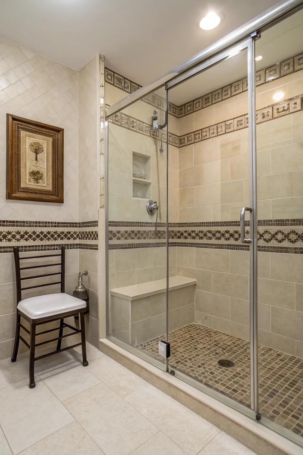 Shower with decorative chair rail tile trims