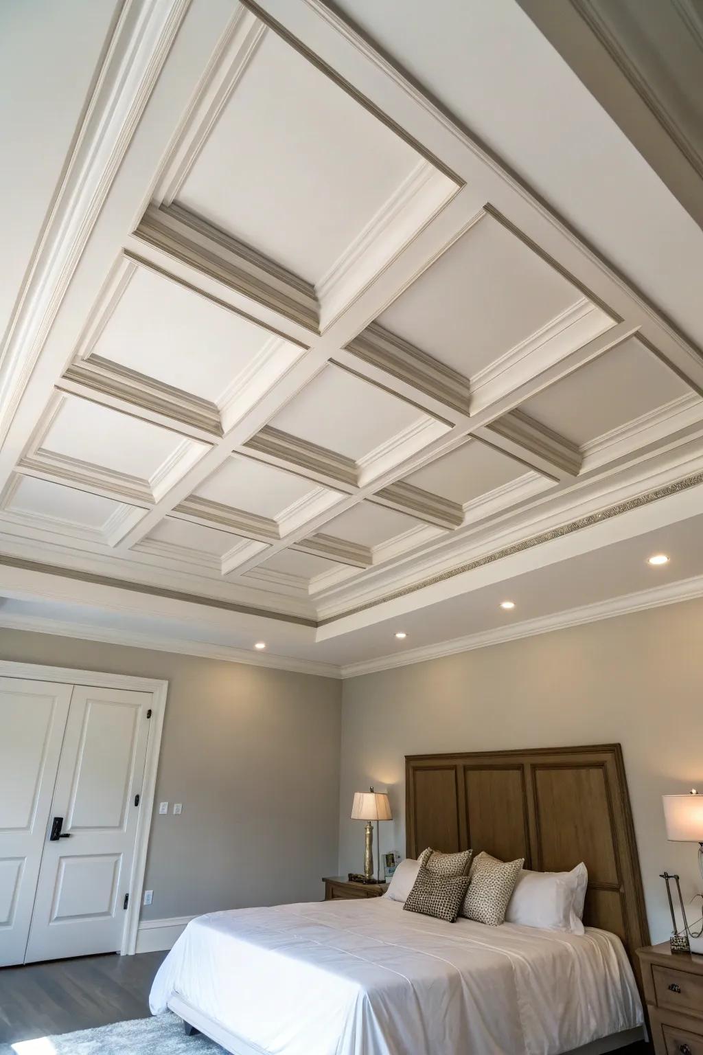 Neutral tones on a coffered ceiling add simplicity and elegance.