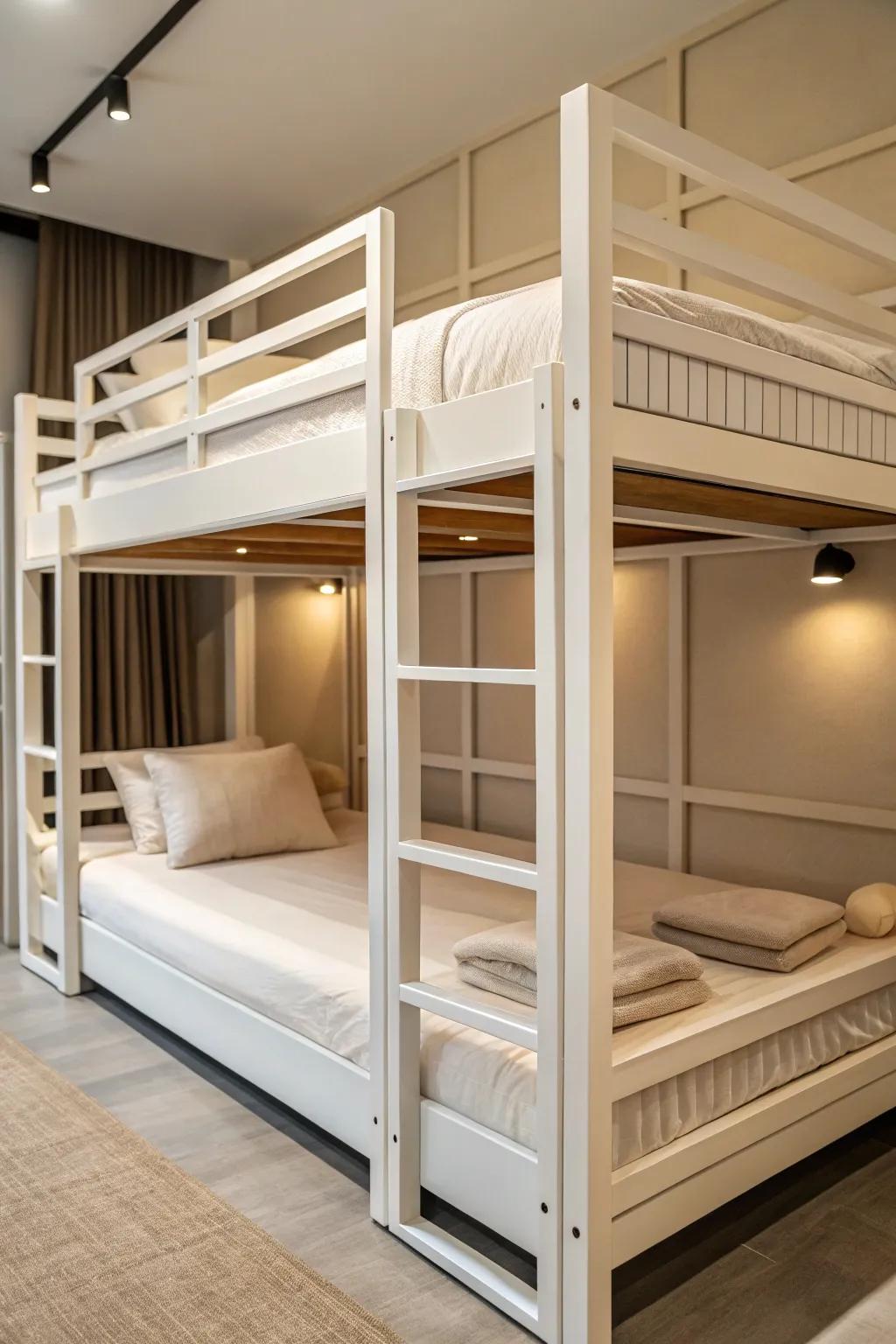 Modern minimalist quad bunk beds that offer tranquility and elegance in a shared sleeping space.