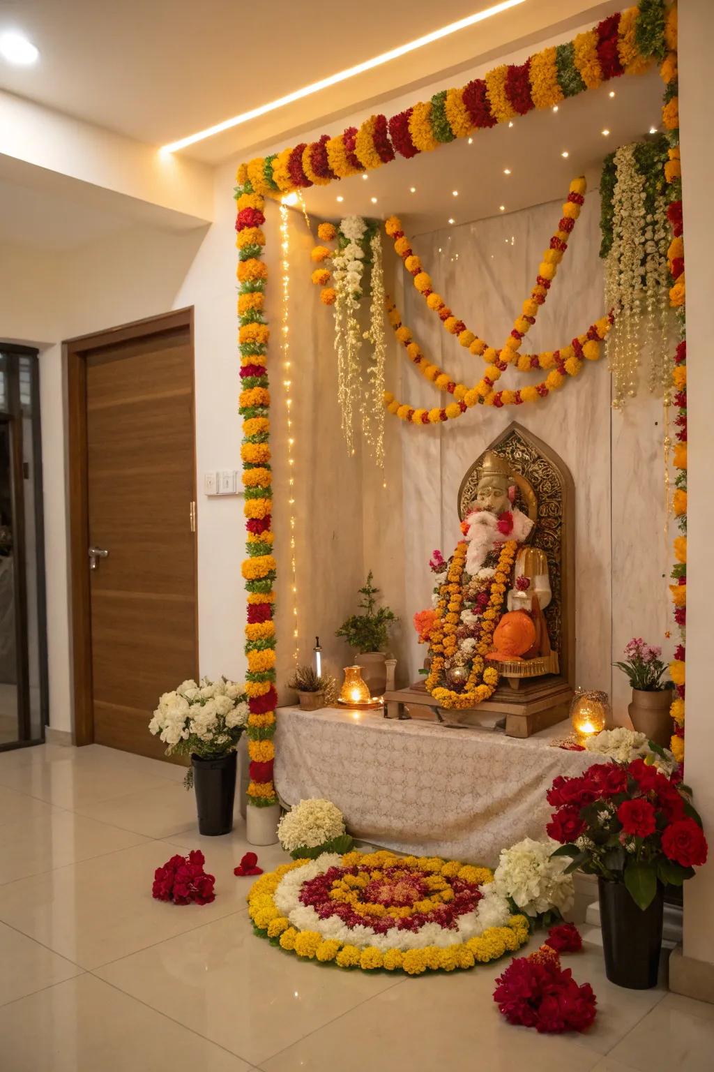 Intricate paper flowers bring a creative touch to this Ganpati setup.