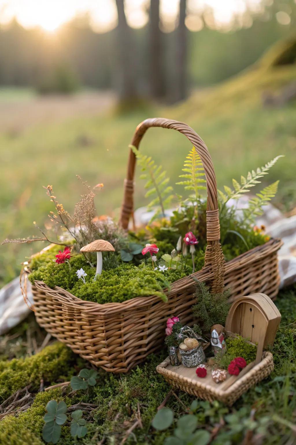 Discover the magic of a portable fairy garden in a charming picnic basket!