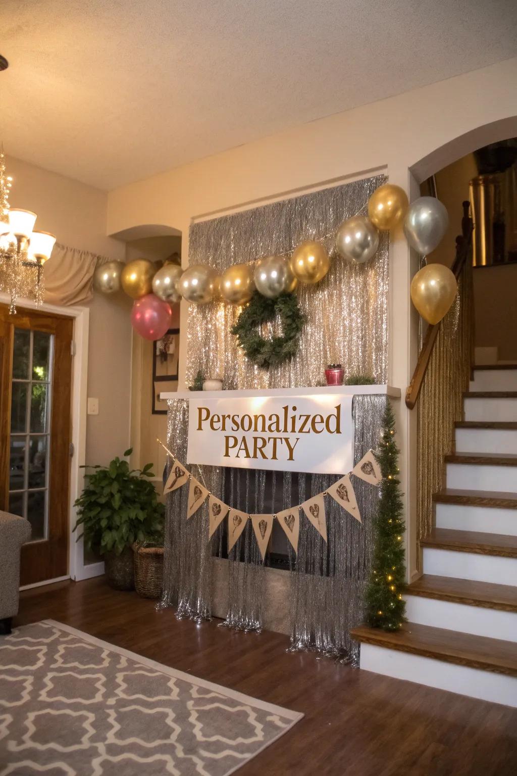 Personalized party backdrop with metallic fringes