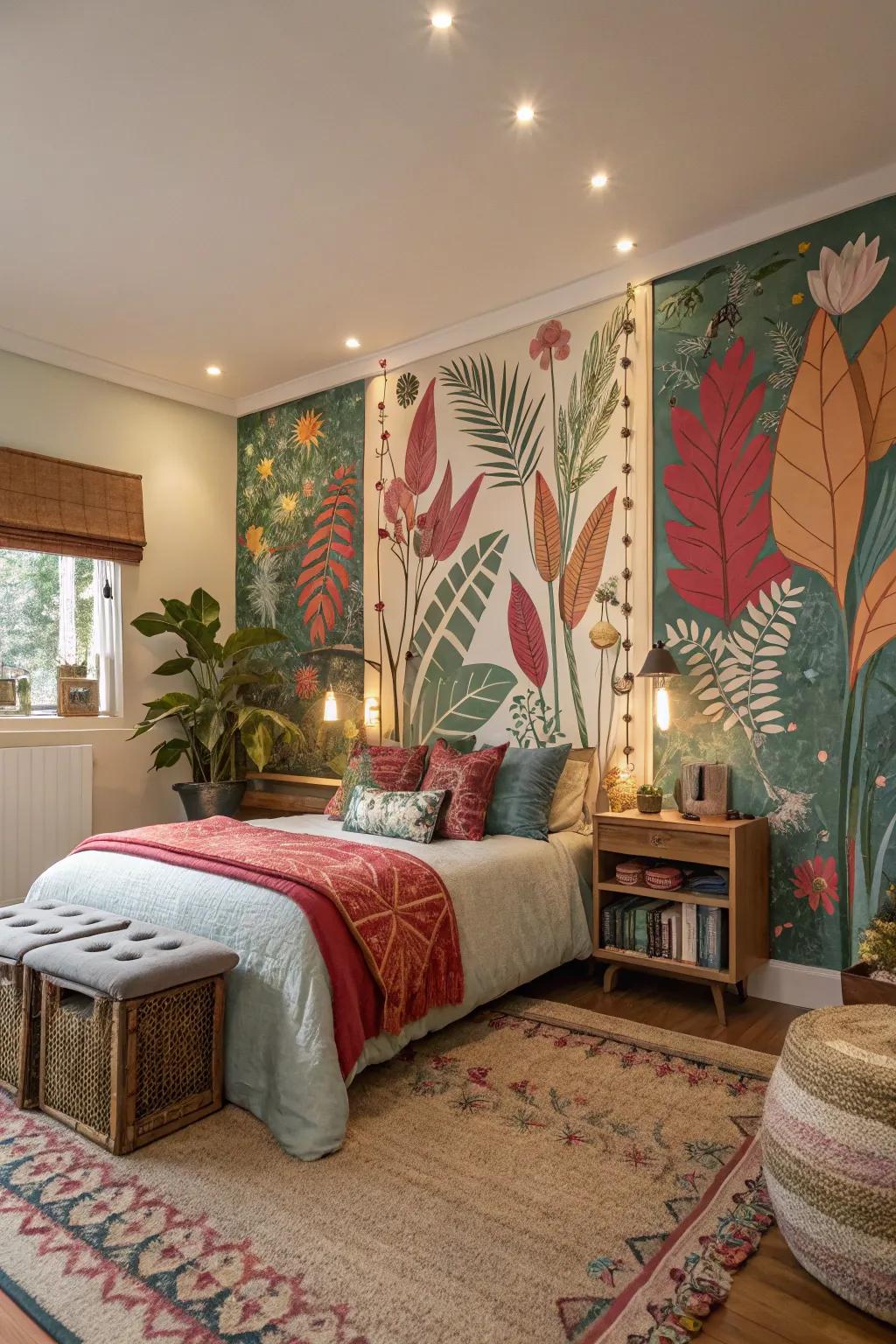Oversized botanical panels bring vibrant life to this artistic bedroom.