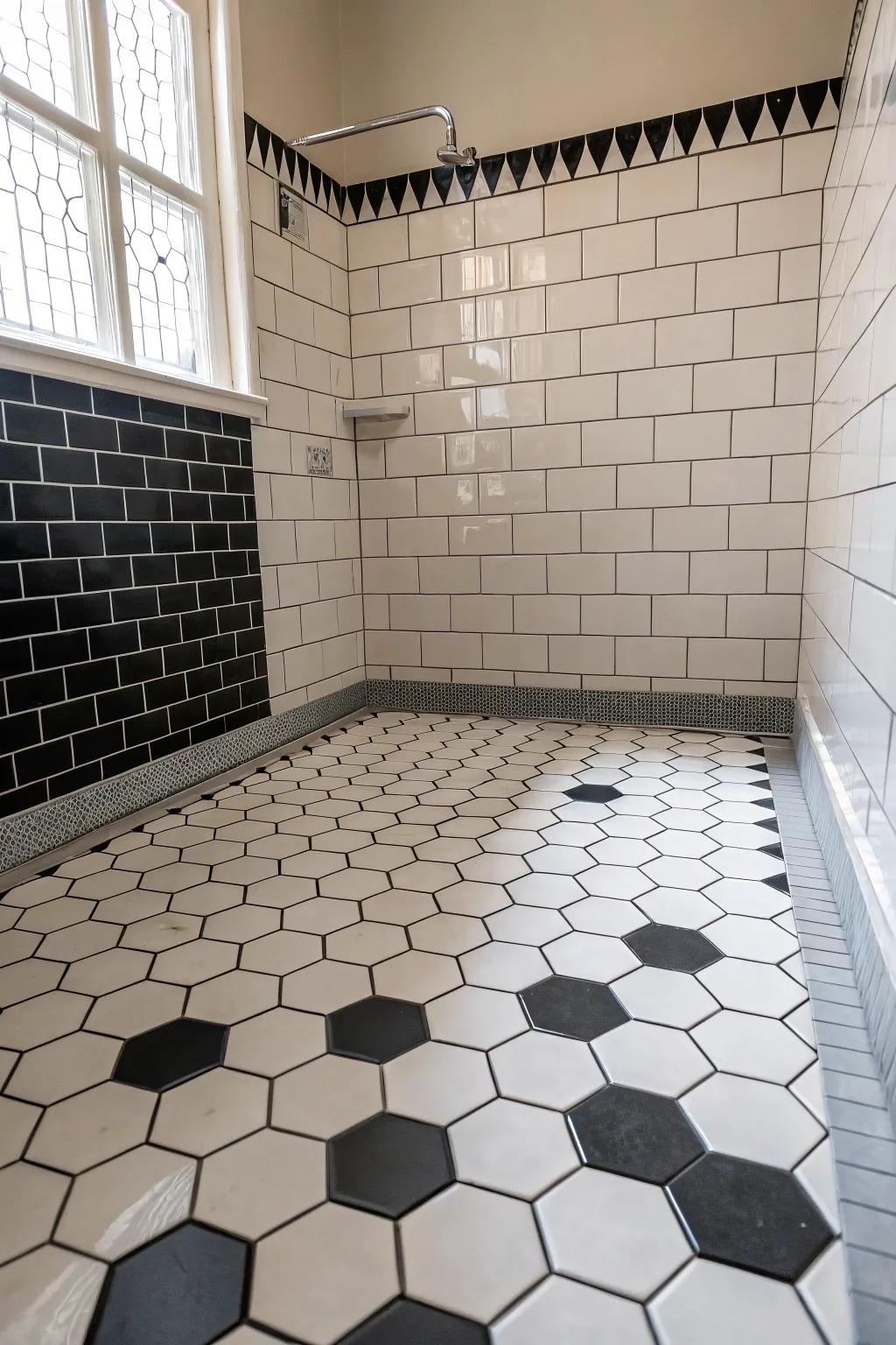 A bathroom floor featuring black and white hexagonal tiles, creating a classic yet modern look.