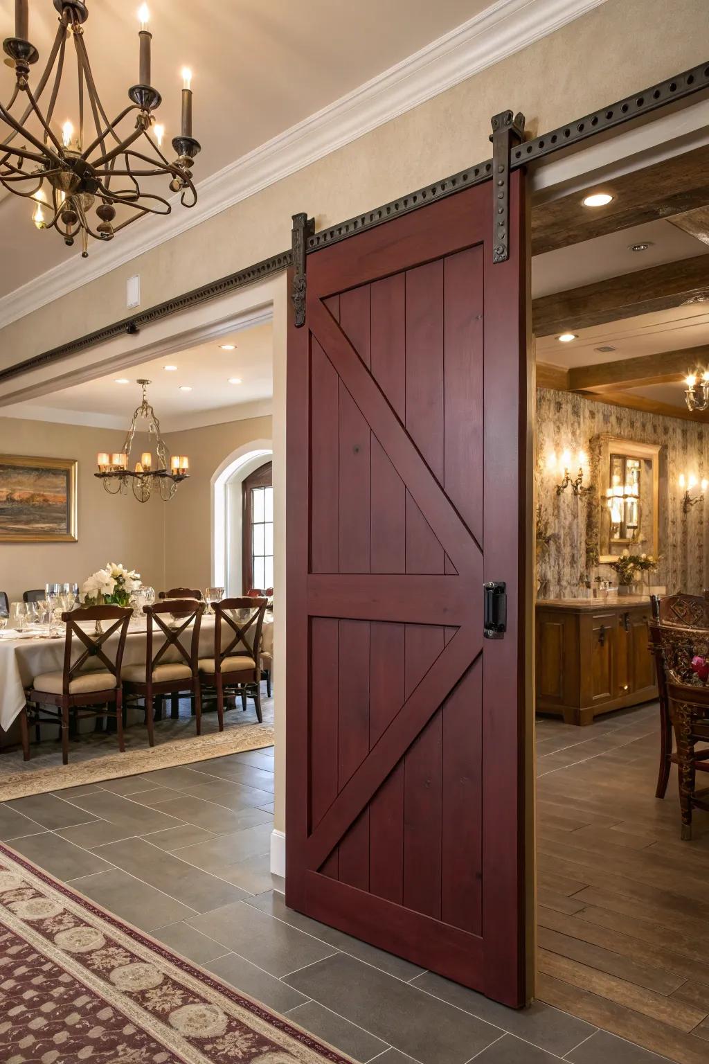 Maroon barn doors bring sophistication and warmth.