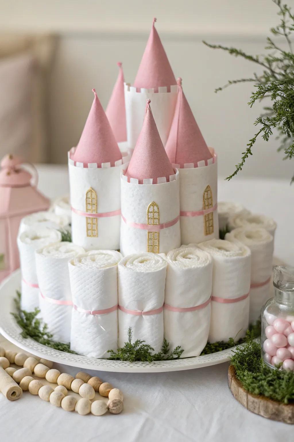 Transform your diaper cake into a magical fairytale castle with charming turret details. ðâ¨ #DiaperCakeIdeas #ScandiBoho