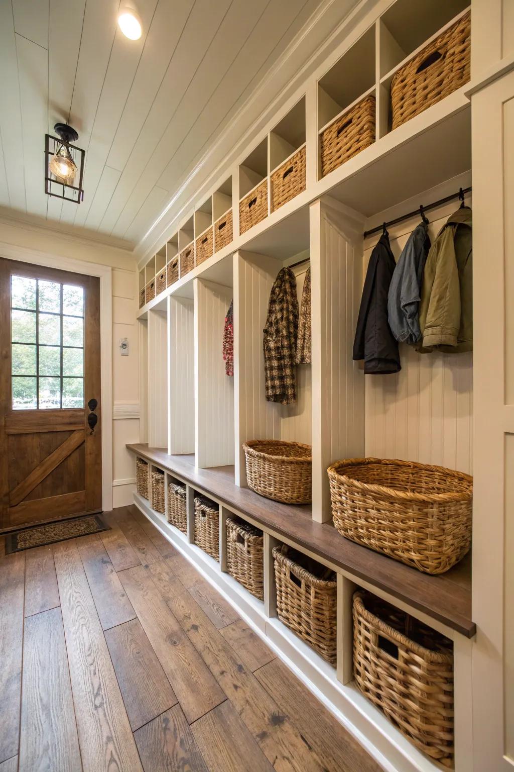 Woven baskets add rustic charm and organization to the mudroom.