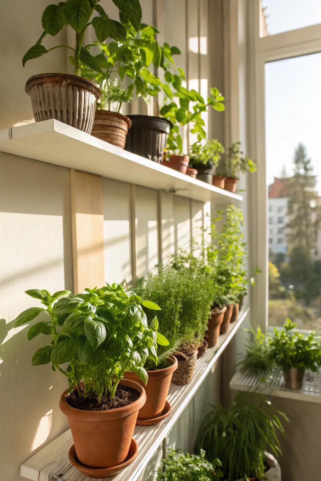 A vertical shelf brimming with potted herbs, providing easy access to fresh ingredients outdoors.