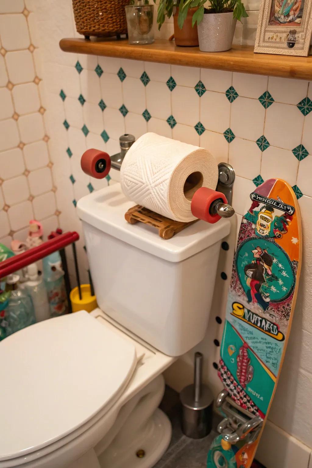 Skateboards repurposed as holders add a youthful and creative vibe.