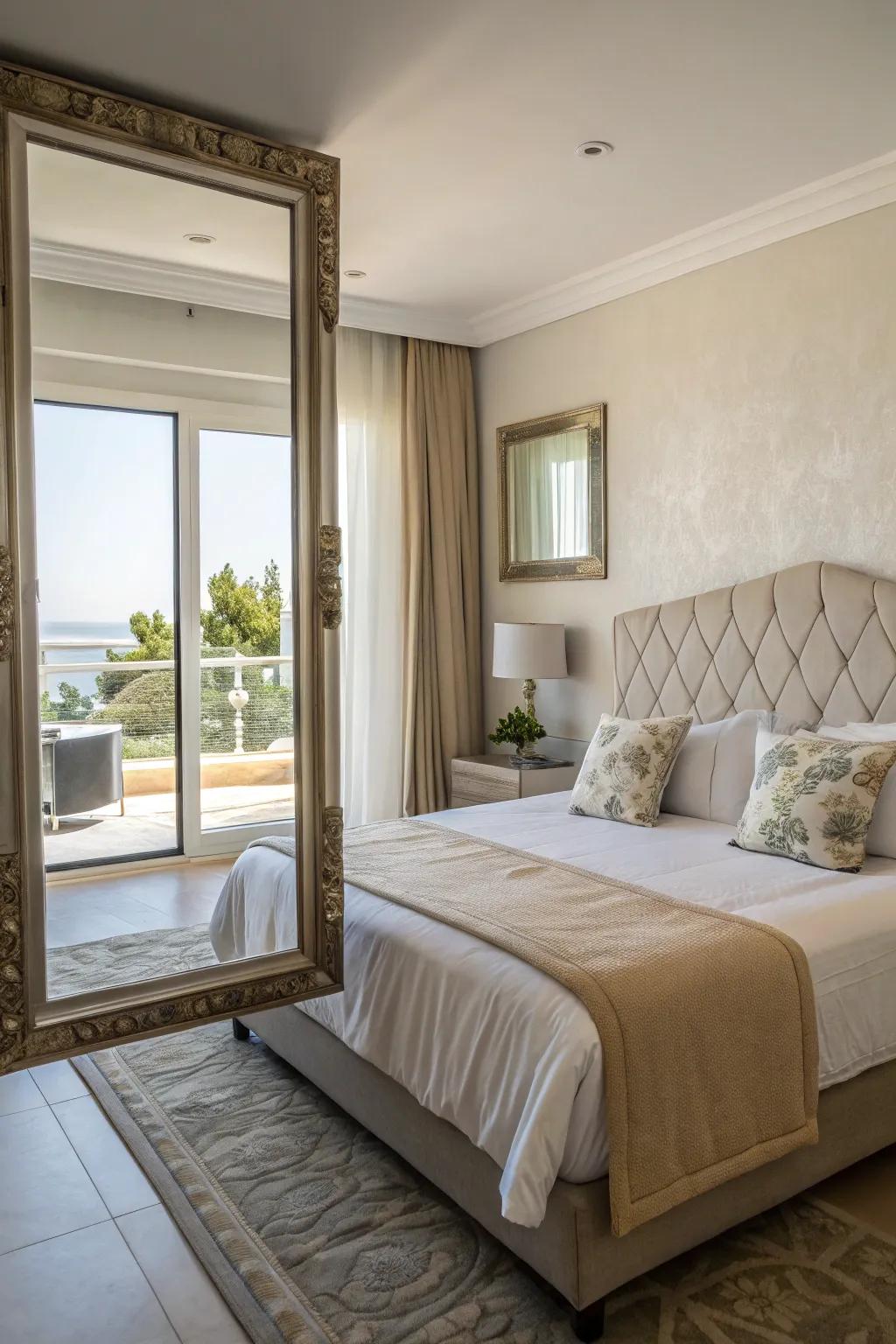A strategically placed mirror enhances the sense of space around this king bed.