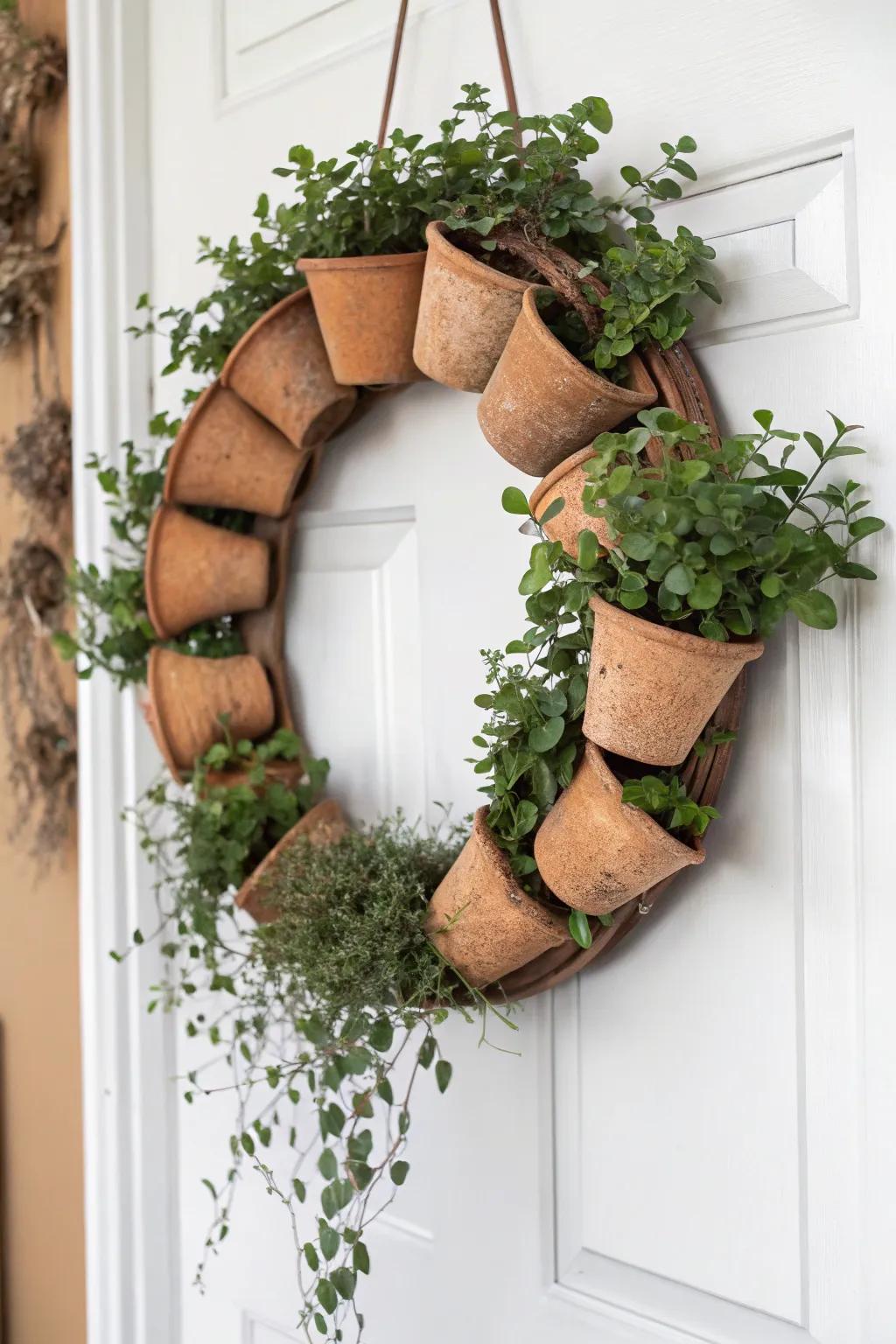 Welcome guests with a charming clay pot wreath that blends rustic elegance with natural beauty.